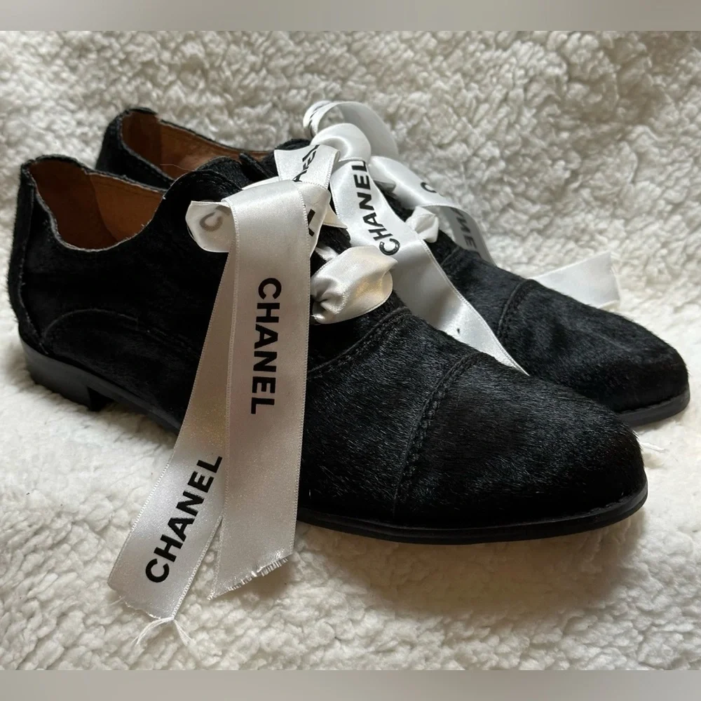 All Black Brand Cowman Lace Up Oxfords Shoes Sz39 w/Authenticate CHANEL Ribbons - Picture 1 of 9